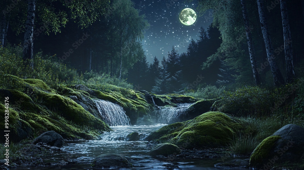 Poster a moonlit forest stream with a cascading waterfall and moss-covered rocks.