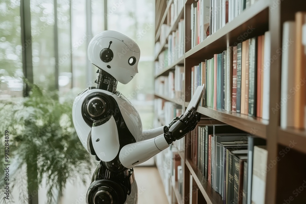 Poster a humanoid robot browsing books in a modern library setting.