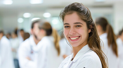 Fototapeta premium young female doctor smiling and standing confidently at hospital