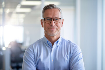 Naklejka premium Confident mature man with glasses, wearing a light blue shirt, standing in a modern office environment