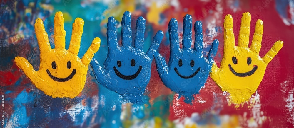 Poster four colorful handprints with smiley faces on a multi-colored background.