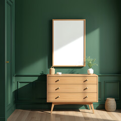 Dark green home interior with a mock-up frame on a commode, close-up, 3D rendering.