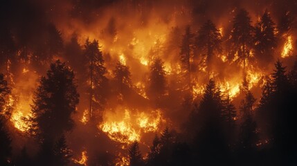 Nighttime forest fire, intense flames and thick smoke creating a destructive scene, highlighting the impact of environmental disasters.