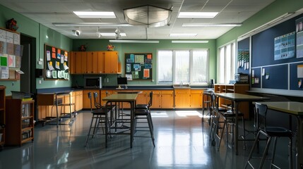 Classroom with interactive science stations.