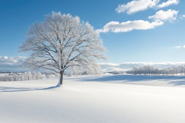 Solitary Frost-Covered Tree in a Snowy Field