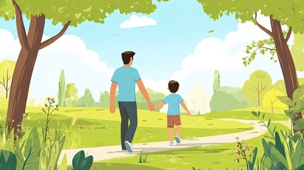 A cartoon parent holding hands with their child while walking in the park, with room for text in the green landscape.