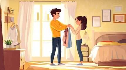 A cheerful cartoon parent helping their child get dressed, with space for text in the cozy bedroom.