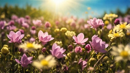 Fototapeta premium field of spring flowers and sunlight