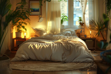 A bedroom with a cozy feel with a comfortable bed