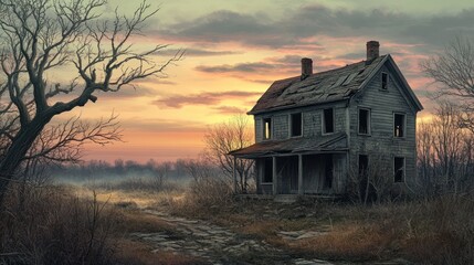 Fototapeta premium Abandoned House at Sunset with Bare Trees and Stone Path