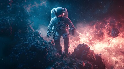 Astronaut exploring a vibrant cosmic landscape of swirling colors and fiery rocks.