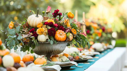 Beautifully decorated outdoor festive table with fall decorations, pumpkins and candles