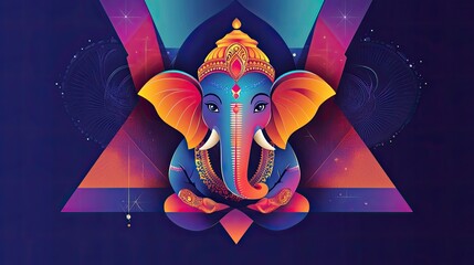 Modern abstract design of Lord Ganesha with geometric shapes and bright hues, ideal for Ganesha Chaturthi greetings. Copy space available.
