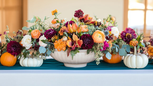 Beautifully decorated festive table with fall decorations, pumpkins and floral arrangement