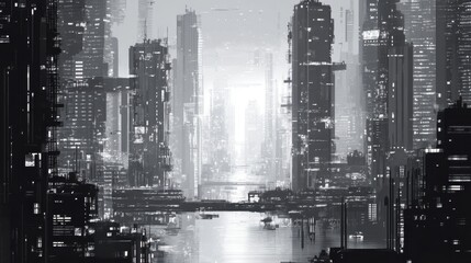 Pixelated cityscape in grayscale, featuring tall skyscrapers and a futuristic urban vibe, set in a modern, digital world.