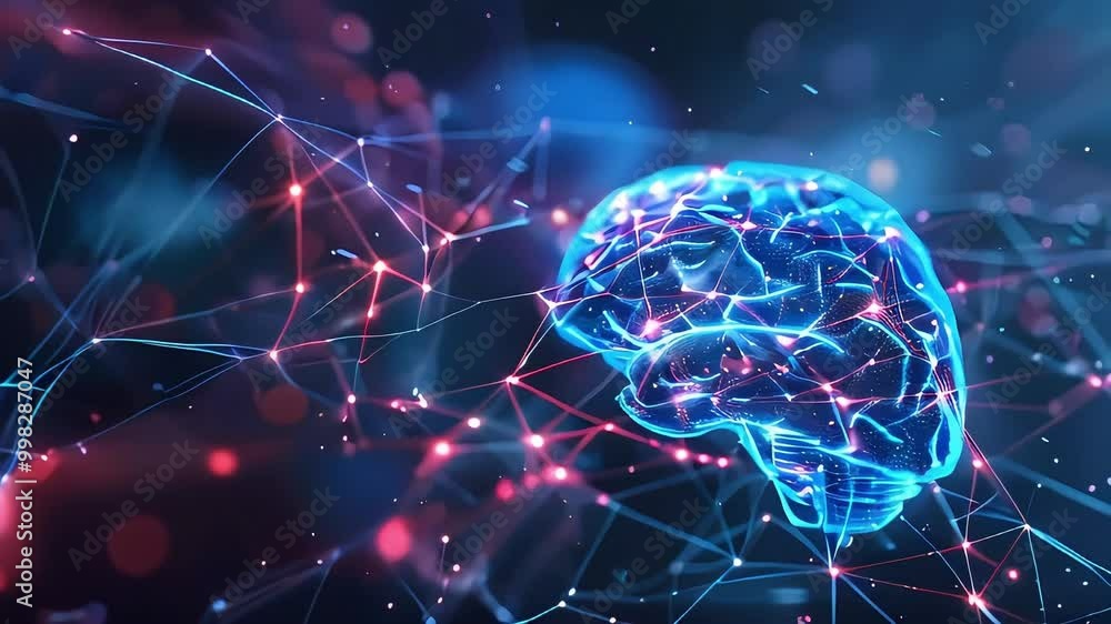 Poster video of digital representation of a human brain, glowing with neural connections on a dark backgrou