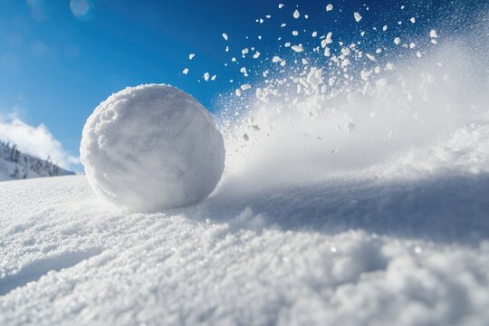 A Large Snowball Rolling Down a Snowy Hill with a Blue Sky in the Background