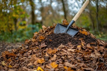 A shovel rests in a pile of fall leaves. This image shows the process of creating compost from leaves for gardening.