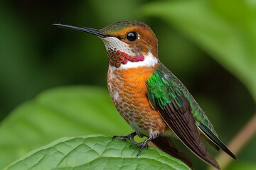 Colorful hummingbird perched on a green leaf.