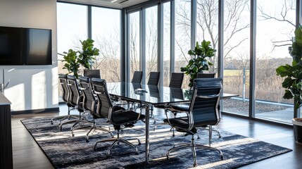Fototapeta premium Modern Boardroom with Large Windows and Sleek Decor