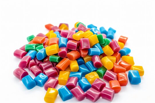 Colorful plastic polymer granules on white background composing an abstract industrial background