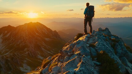 Fototapeta premium Solo male hiker admires a sunset view from a mountain summit.