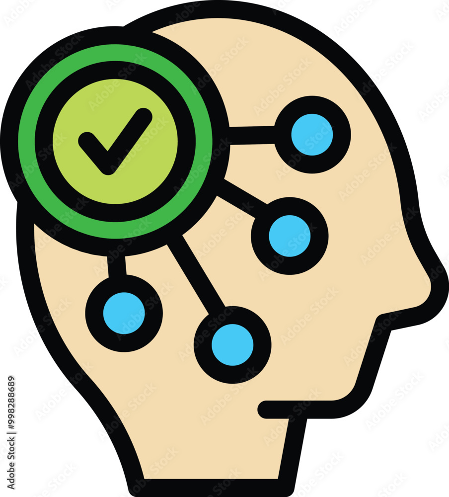 Aufkleber human head profile showing neural network with check mark icon, representing concept of successful a