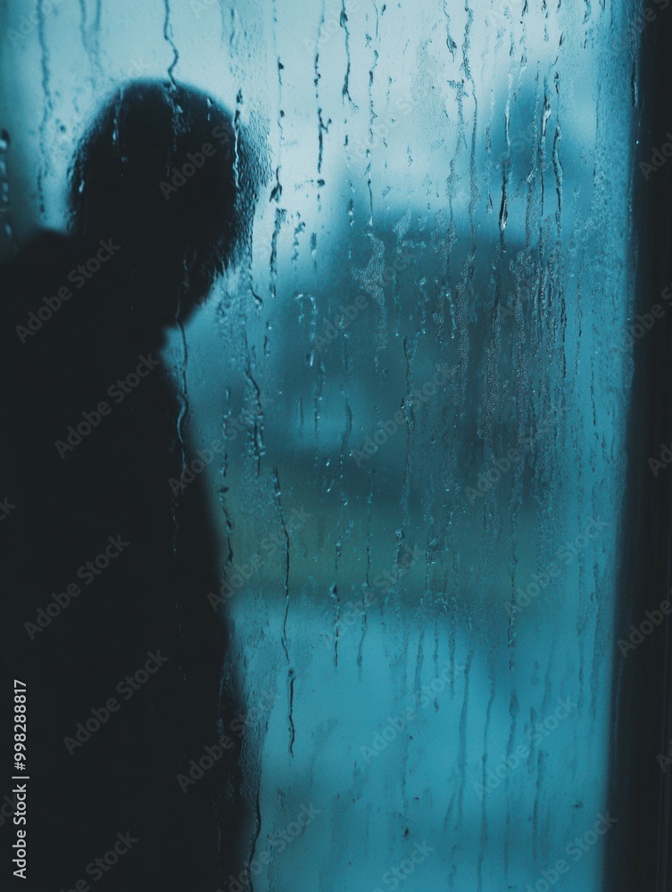 Leinwandbilder a lone figure contemplating life, framed by droplets of rain that trickle down a misty window, creat