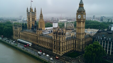 Fototapeta premium Aerial view of the iconic Big Ben and Houses of Parliament in London on a foggy day.