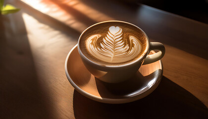Artisan coffee cup with beautiful latte art on a wooden table.