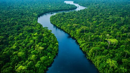 Fototapeta premium Aerial view of a winding river surrounded by lush green rainforest.