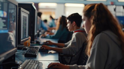Computer lab with students collaborating on assignments.