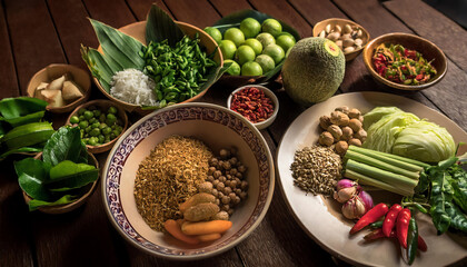 Fresh vegetables and herbs arranged on a wooden table, colorful and vibrant.