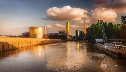 Fototapeta premium Industrial site by the river under a dramatic sky, showcasing modern structures.
