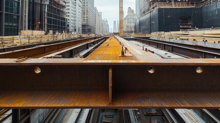 Obraz premium A Rusty Steel Beam Overlooking Construction in a City