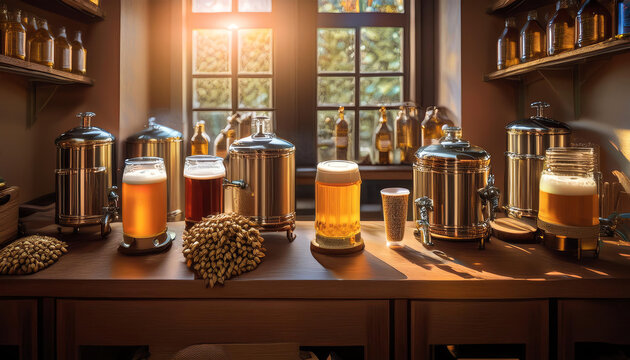 Craft beer selection displayed on a wooden bar, warm sunlight streaming in.
