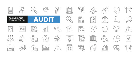 Set of 50 Audit line icons set. Audit outline icons with editable stroke collection. Includes Auditor, Assets, Analysis, Financial Risk, Accounting, and More.