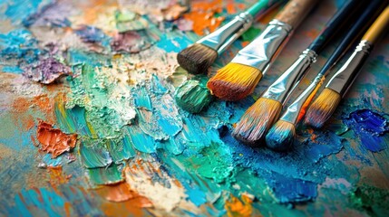 Fototapeta premium The palette features bright, lively colors with paintbrushes resting nearby, creating a lively atmosphere for artistic inspiration. Generative AI