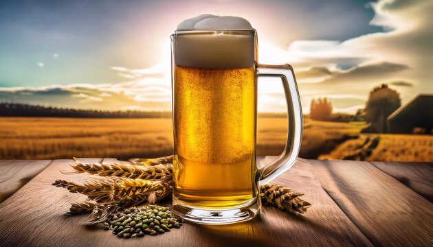 Golden beer in a glass with barley on a rustic wooden table, sunset backdrop.