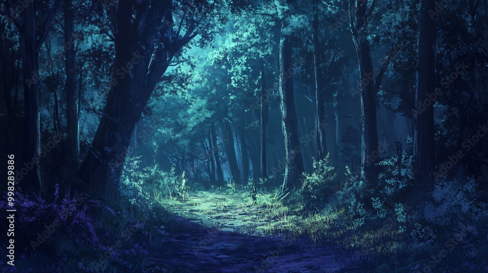 Poster a mysterious forest path leading into the darkness with tall trees on either side.