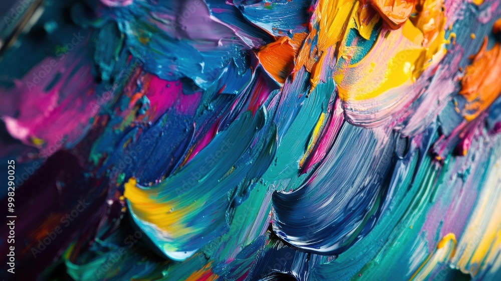 Poster bright paint splashes and brushstrokes create an abstract art piece on canvas, showcasing the joy of