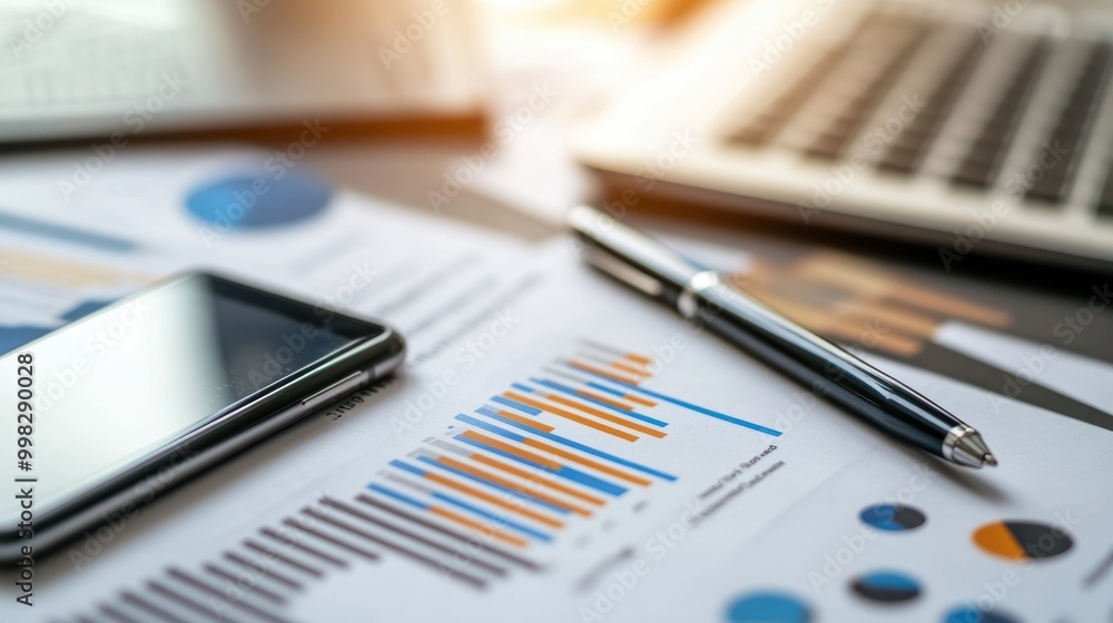 Poster close-up of business documents with graphs and charts