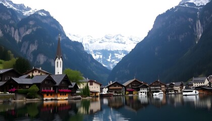 Hallstatt, a charming village in Austria, is nestled in a scenic mountain valley by a peaceful lake, generative ai