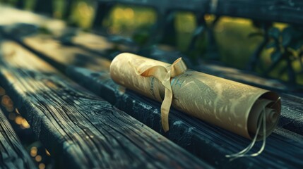 Diploma scroll tied with a ribbon on a school bench.
