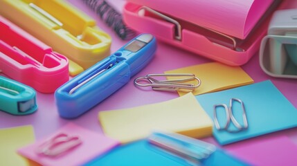 Colorful Close-Up of Office Supplies on Pink Background