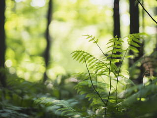Delicate Fern Fronds in Sunlit Forest Undergrowth: Nature's Green Tapestry