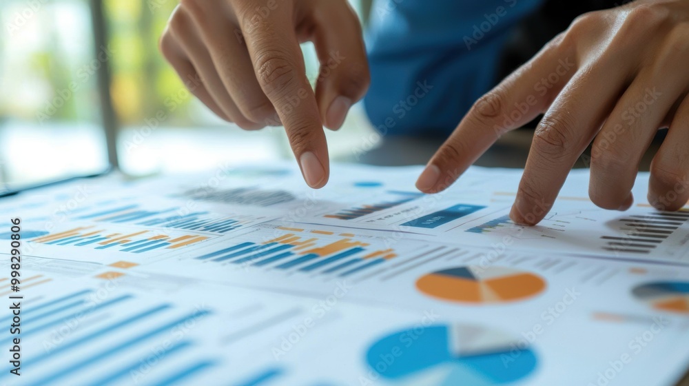 Poster hands pointing at business data on a table