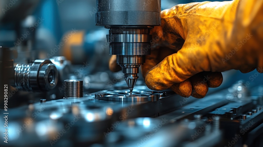 Sticker A gloved hand carefully positions a metal part under a drill bit on a machine.