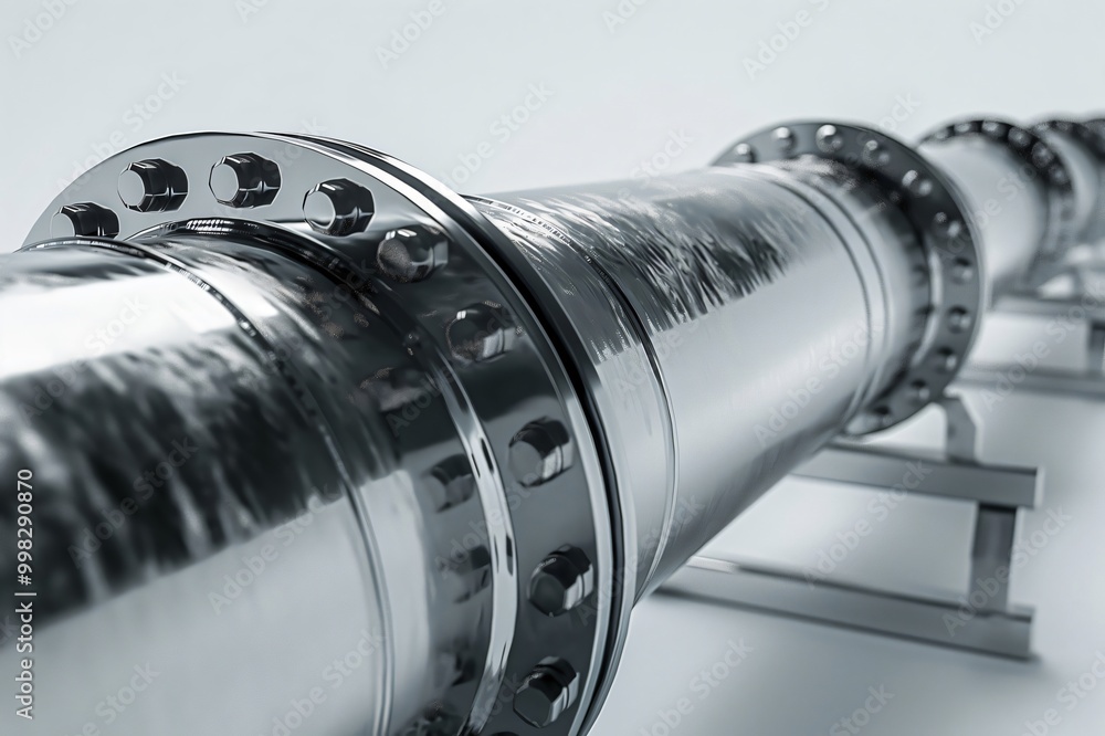 Poster shiny metal pipeline is using flanges and several bolts for connecting sections
