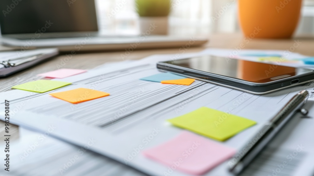 Poster close-up of project documents with sticky notes